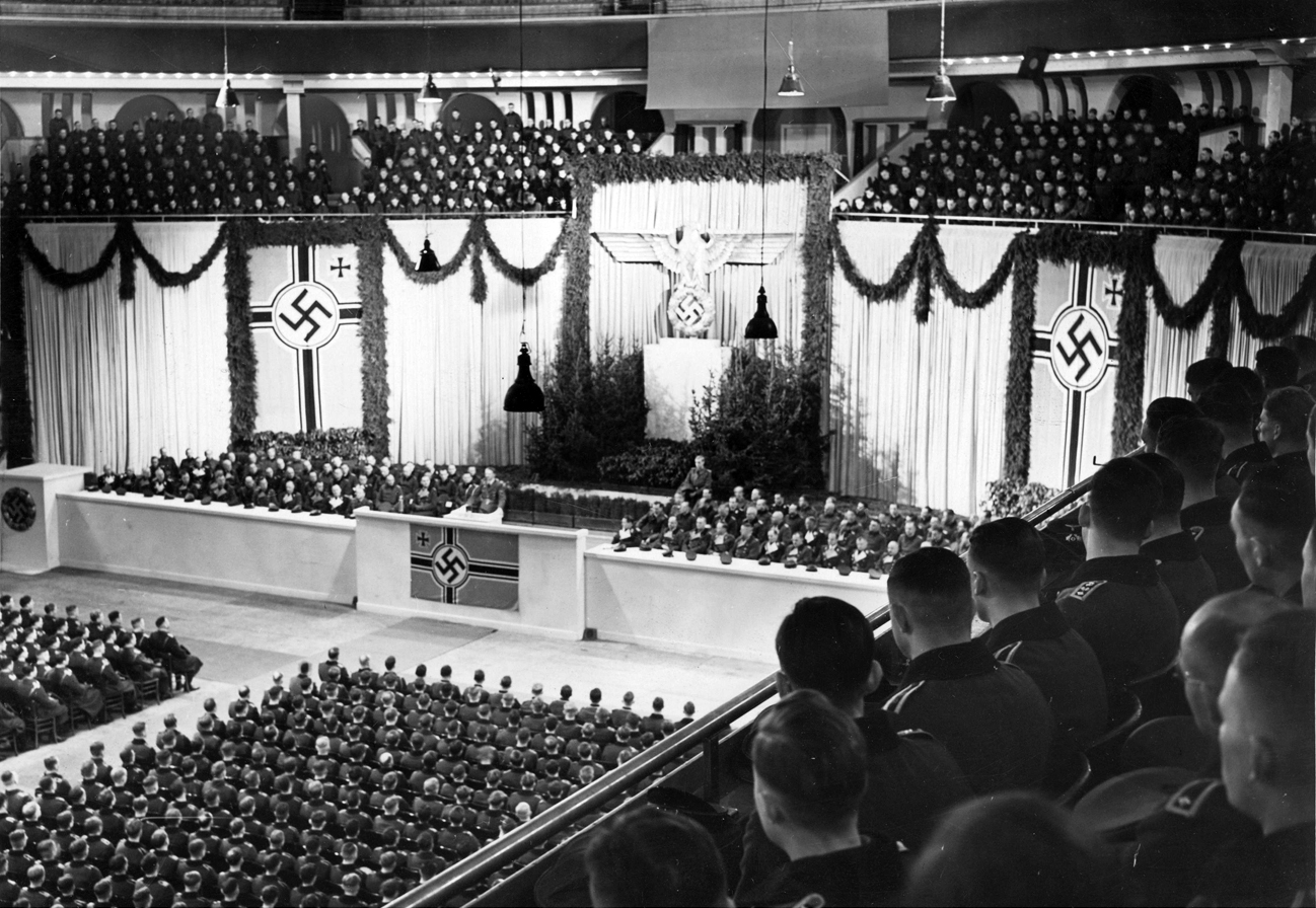 Adolf Hitler speaks to cadets in Berlin's Sportpalast